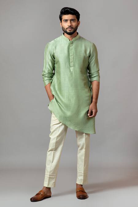 Buy_PAARSH_Green Kurta Bamberg Silk Pajama Pant Linen Asymmetric Set_Online_at_Aza_Fashions