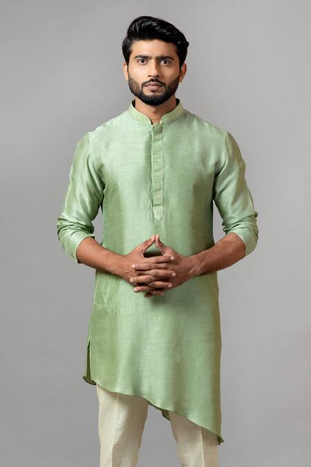 Shop_PAARSH_Green Kurta Bamberg Silk Pajama Pant Linen Asymmetric Set_Online_at_Aza_Fashions