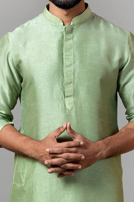 PAARSH_Green Kurta Bamberg Silk Pajama Pant Linen Asymmetric Set_at_Aza_Fashions