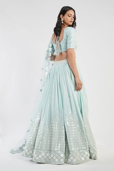 Shop_Abhinav Mishra_Blue Blouse And Lehenga Silk Dupatta Net V Neck Mirror Bridal Set _at_Aza_Fashions