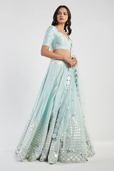 Abhinav Mishra_Blue Blouse And Lehenga Silk Dupatta Net V Neck Mirror Bridal Set _Online_at_Aza_Fashions