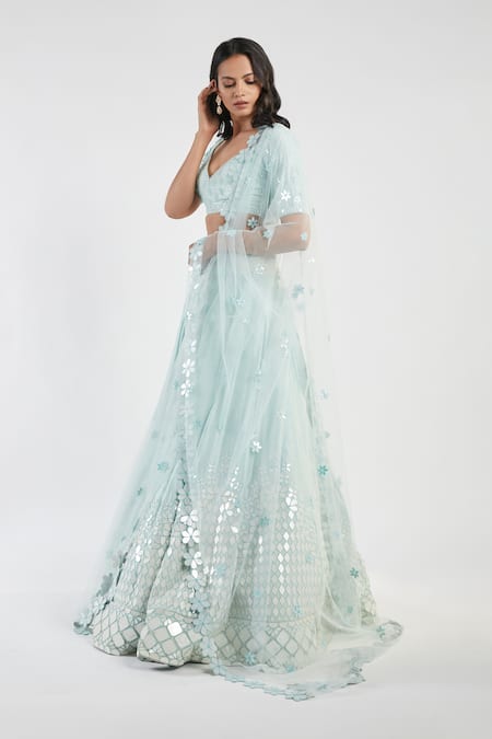 Buy_Abhinav Mishra_Blue Blouse And Lehenga Silk Dupatta Net V Neck Mirror Bridal Set _Online_at_Aza_Fashions