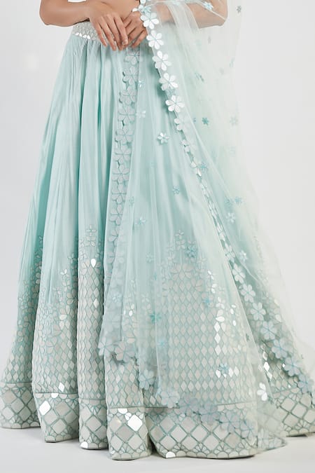 Shop_Abhinav Mishra_Blue Blouse And Lehenga Silk Dupatta Net V Neck Mirror Bridal Set _Online_at_Aza_Fashions