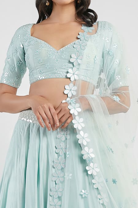 Abhinav Mishra_Blue Blouse And Lehenga Silk Dupatta Net V Neck Mirror Bridal Set _at_Aza_Fashions