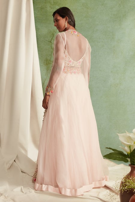 Shop Priyanka Jain Pink Organza, Chanderi V Neck Jacket And Lehenga Set at Aza Fashions Shop_Priyanka Jain_Pink Organza, Chanderi V Neck Jacket And Lehenga Set _at_Aza_Fashions
