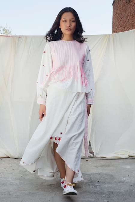 Nikasha White Cotton Embroidered Wrap Skirt