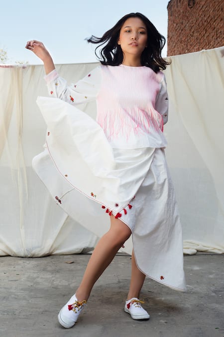 Nikasha White Cotton Embroidered Wrap Skirt Online at Aza Fashions Nikasha_White Cotton Embroidered Wrap Skirt _Online_at_Aza_Fashions