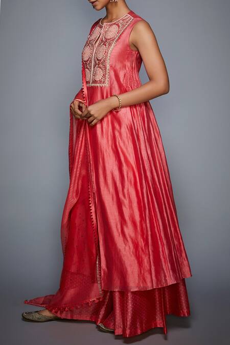 Shop_RI.Ritu Kumar_Coral Silk Chanderi Round Kurta Palazzo Set_Online_at_Aza_Fashions