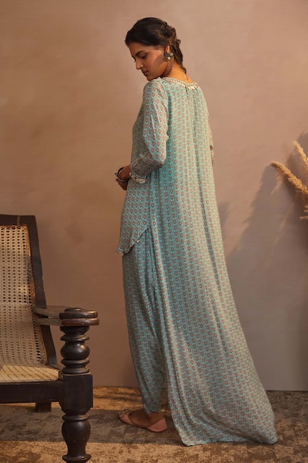 Shop_Aneesh Agarwaal_Blue Chinon Chiffon Paisley Print And Coin Round Kurta Pant Set _at_Aza_Fashions