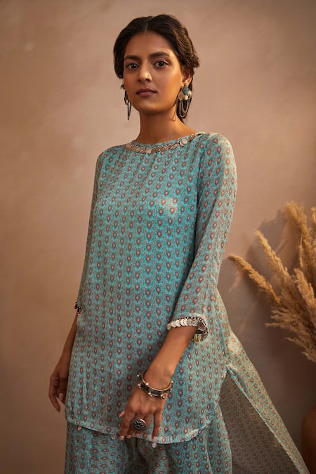 Buy_Aneesh Agarwaal_Blue Chinon Chiffon Paisley Print And Coin Round Kurta Pant Set _Online_at_Aza_Fashions