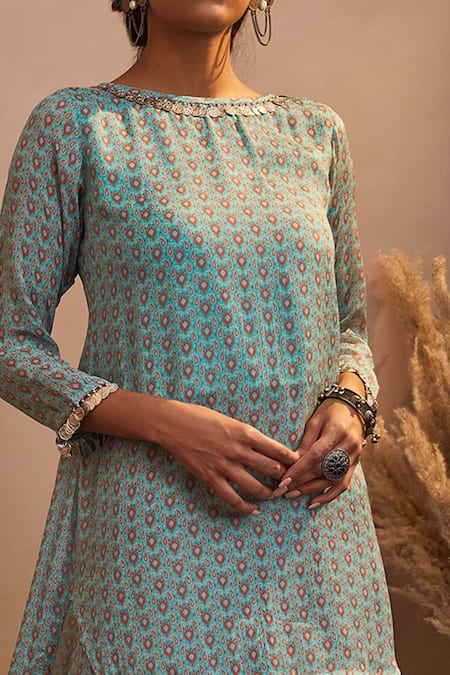 Shop_Aneesh Agarwaal_Blue Chinon Chiffon Paisley Print And Coin Round Kurta Pant Set _Online_at_Aza_Fashions