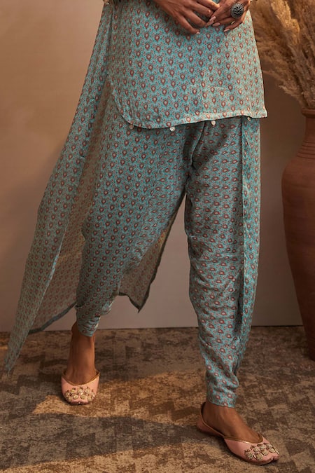 Aneesh Agarwaal_Blue Chinon Chiffon Paisley Print And Coin Round Kurta Pant Set _at_Aza_Fashions