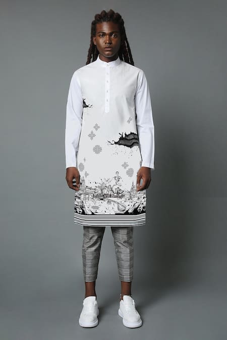 Buy House Of Three White Cotton Poplin Printed Line Art Tamil Nadu Kurta at Aza Fashions Buy_House Of Three_White Cotton Poplin Printed Line Art Tamil Nadu Kurta _at_Aza_Fashions