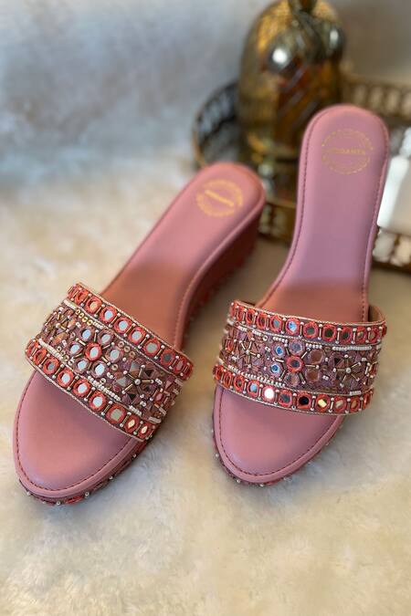 Modanta Footwear_Pink Embroidery Mirror Wedges _Online_at_Aza_Fashions
