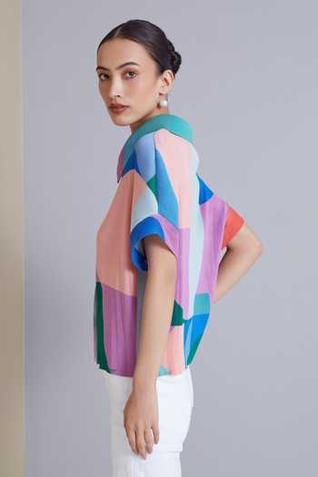 Scarlet Sage_Purple 100% Polyester Abstract Oversize Collar Tristan Print Shirt_at_Aza_Fashions