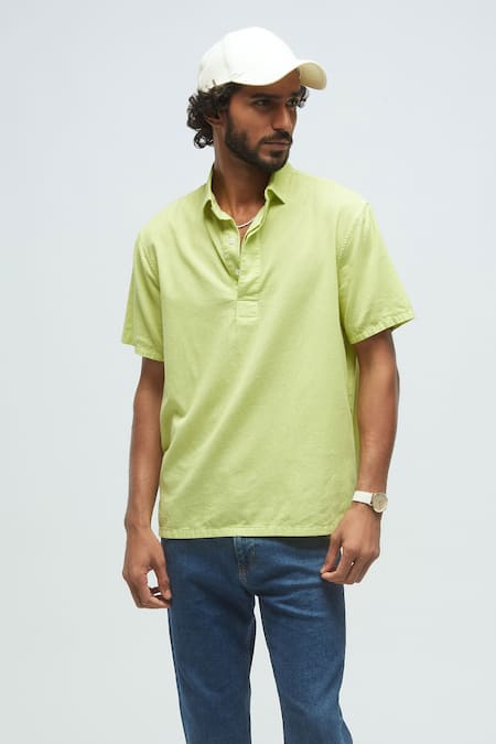 Terra Luna_Green 100% Organic Handloom Cotton Terra Luna Rugby T-shirt _Online_at_Aza_Fashions