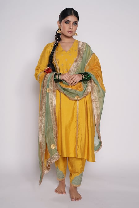 Pants and Pajamas Chanderi Embroidered Kurta Set 