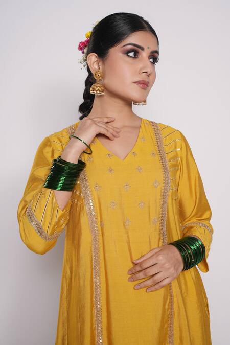 Shop_Pants And Pajamas_Yellow Dupatta Organza, Kurta And Pant Chanderi Floral Motifs V Embroidered Set_Online_at_Aza_Fashions