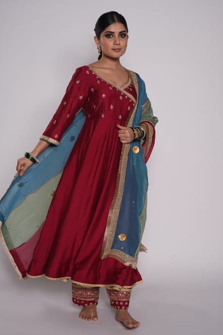 Pants And Pajamas_Maroon Anarkali And Pant Chanderi, Dupatta Organza Floral Embroidered Set _Online_at_Aza_Fashions