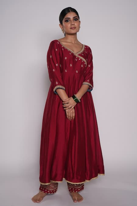 Buy_Pants And Pajamas_Maroon Anarkali And Pant Chanderi, Dupatta Organza Floral Embroidered Set _Online_at_Aza_Fashions