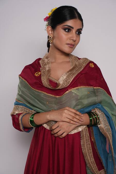 Shop_Pants And Pajamas_Maroon Anarkali And Pant Chanderi, Dupatta Organza Floral Embroidered Set _Online_at_Aza_Fashions