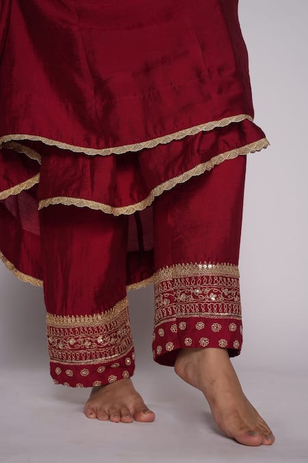 Pants And Pajamas_Maroon Anarkali And Pant Chanderi, Dupatta Organza Floral Embroidered Set _at_Aza_Fashions