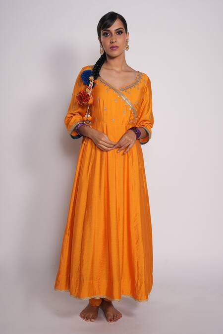 Buy_Pants And Pajamas_Orange Chanderi Floral Motifs, Gota Work V Neck Anarkali_Online_at_Aza_Fashions