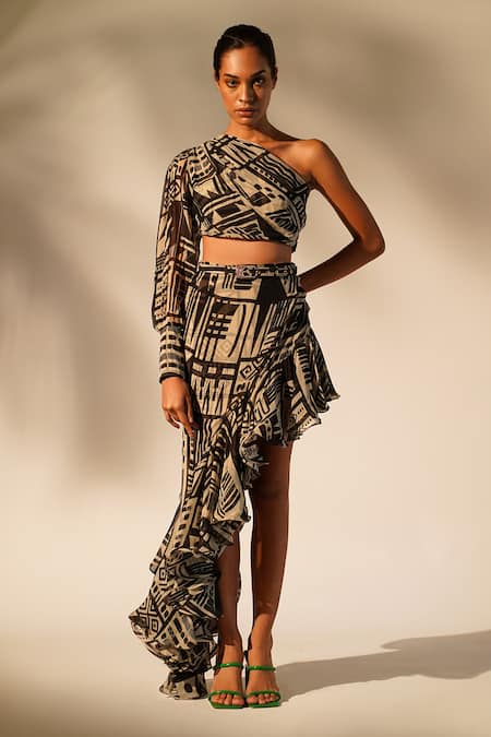 Buy_Nikita Mhaisalkar_White Organza Abstract Print Ruffle Skirt _Online_at_Aza_Fashions