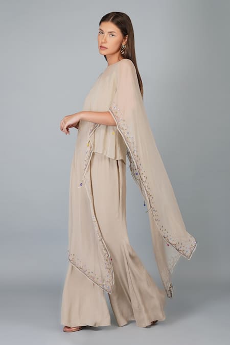 Buy_Devyani Mehrotra_Beige Viscose Double Georgette Embroidered Flower Work Border Cape And Pant Set_Online_at_Aza_Fashions