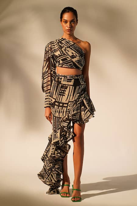 Shop_Nikita Mhaisalkar_White Organza Abstract Print Ruffle Skirt _Online_at_Aza_Fashions