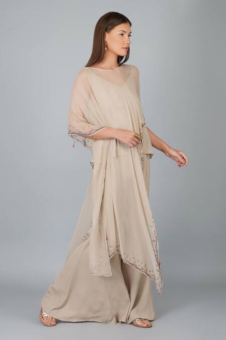 Shop_Devyani Mehrotra_Beige Viscose Double Georgette Embroidered Flower Work Border Cape And Pant Set_Online_at_Aza_Fashions