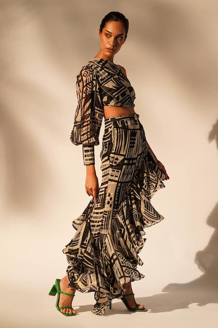 Nikita Mhaisalkar_White Organza Abstract Print Ruffle Skirt _at_Aza_Fashions