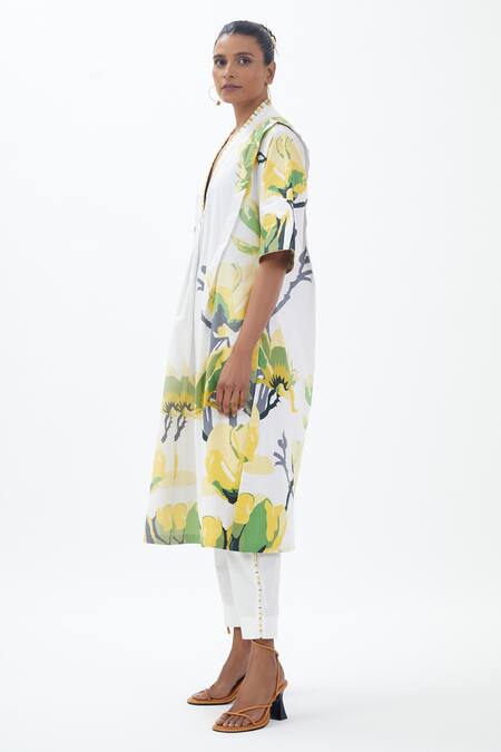 Sitaraa_Ivory Poplin V-neck Basant Long Printed Tunic And Trouser Set_Online_at_Aza_Fashions