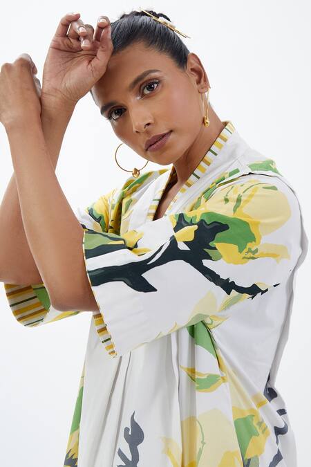 Buy_Sitaraa_Ivory Poplin V-neck Basant Long Printed Tunic And Trouser Set_Online_at_Aza_Fashions