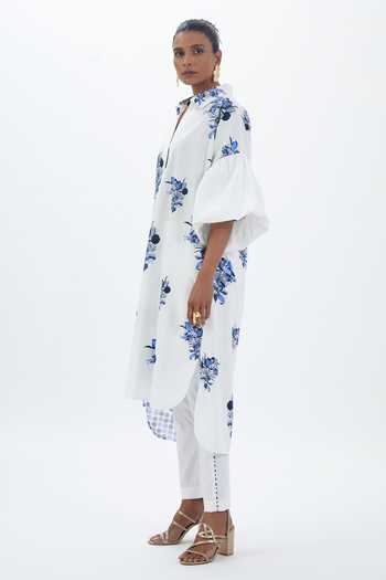 Sitaraa_White Cotton, Poplin Mandarin Collar Rimjhim Balloon Sleeve Tunic And Trouser Set_Online_at_Aza_Fashions