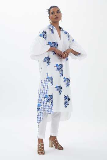 Buy_Sitaraa_White Cotton, Poplin Mandarin Collar Rimjhim Balloon Sleeve Tunic And Trouser Set_Online_at_Aza_Fashions