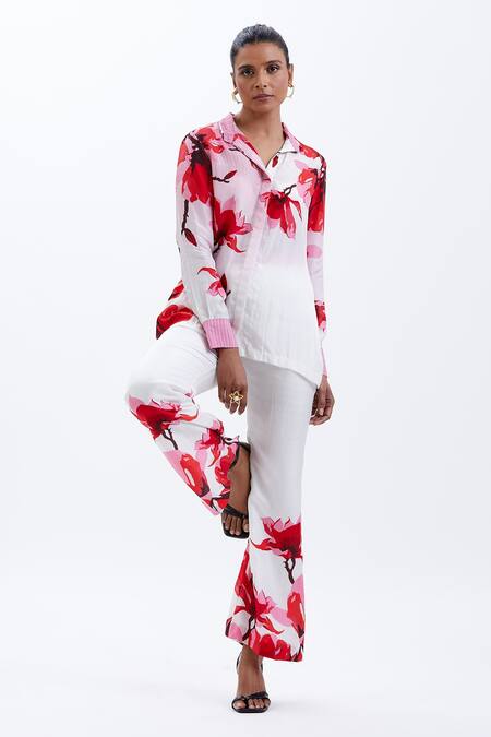 Buy_Sitaraa_White Silk Sequins, Crystals Collared Gulistan Shirt And Wide Bottom Trouser Set_Online_at_Aza_Fashions