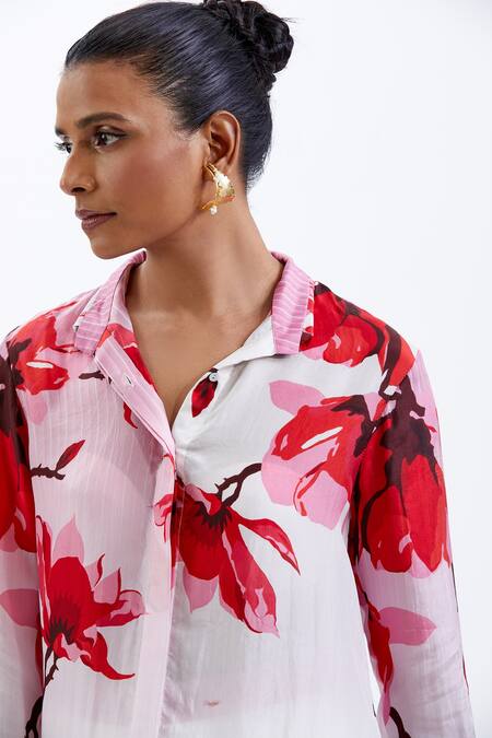 Shop_Sitaraa_White Silk Sequins, Crystals Collared Gulistan Shirt And Wide Bottom Trouser Set_Online_at_Aza_Fashions