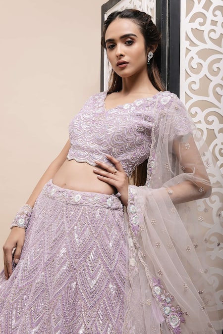 Kalighata Purple Net Sequins, Cut Work V-neck Embellished V Bridal Lehenga Set Online at Aza Fashions Kalighata_Purple Net Sequins, Cut Work V-neck Embellished V Bridal Lehenga Set _Online_at_Aza_Fashions