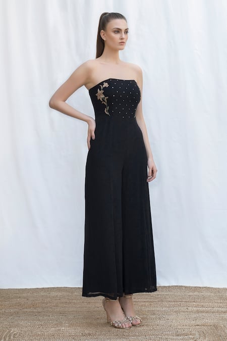 Amrta By Guneet Kondal Black Viscose Sequins, Beads Bandeau Neck Bodice Embroidered Jumpsuit at Aza Fashions Amrta By Guneet Kondal_Black Viscose Sequins, Beads Bandeau Neck Bodice Embroidered Jumpsuit _at_Aza_Fashions