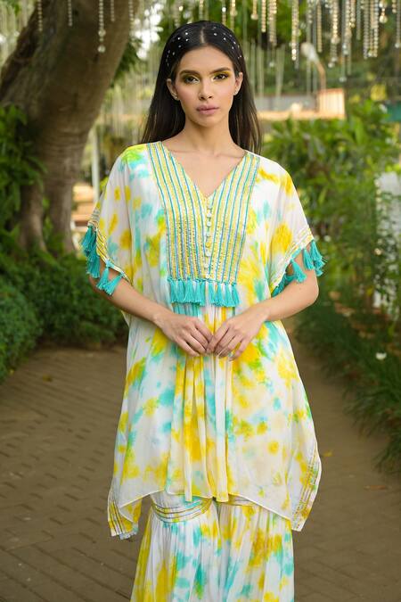 Buy_Disha Kahai_Multi Color Crepe Tassels, Embroidery Tie-dye Pattern Kaftan And Gharara Set_Online_at_Aza_Fashions