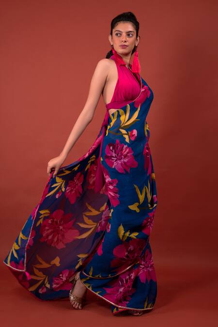 Buy_Rimi Nayak_Blue Printed Flower Pattern Organza Chrysanthemum Saree _Online_at_Aza_Fashions
