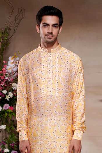 SHASHA GABA_Yellow Viscose, Chanderi Embroidery Printed Glow Kurta _Online_at_Aza_Fashions