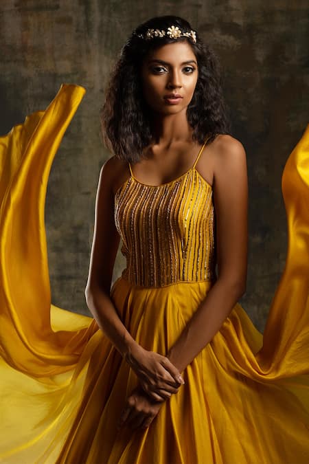 Buy_Mona And Vishu_Yellow Anarkali  Dupion Silk, Dupatta  Organza Beads, Embroidered Bodice With _Online_at_Aza_Fashions