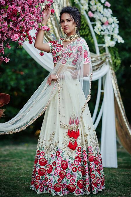 Buy Beige Raw Silk Embroidered Pearls V Neck Rose Bridal Lehenga Set ...