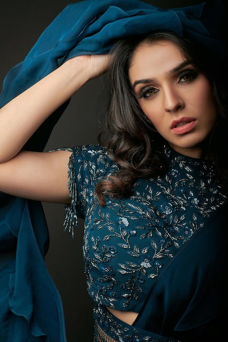 Buy_Suruchi Parakh_Blue Georgette And Soft Organza Lining Shantoon Sequin, Crop Top & Pant Set_Online_at_Aza_Fashions