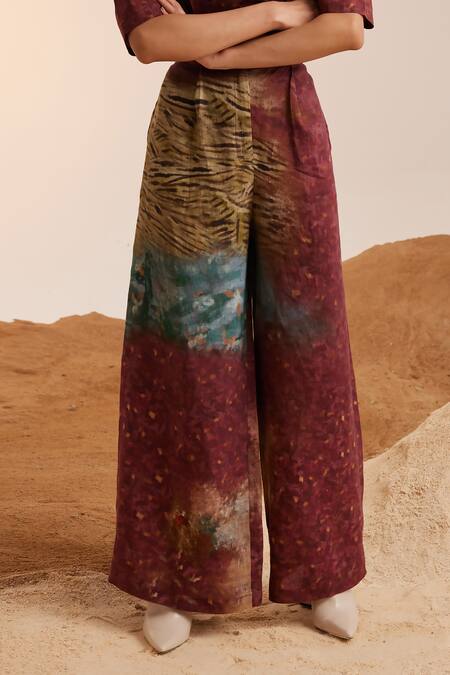 Cord_Brown Linen Grain Print Flared Pant_Online_at_Aza_Fashions