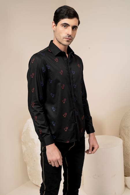 Abkasa_Black Cotton Dinosaur Embroidered Shirt_Online_at_Aza_Fashions