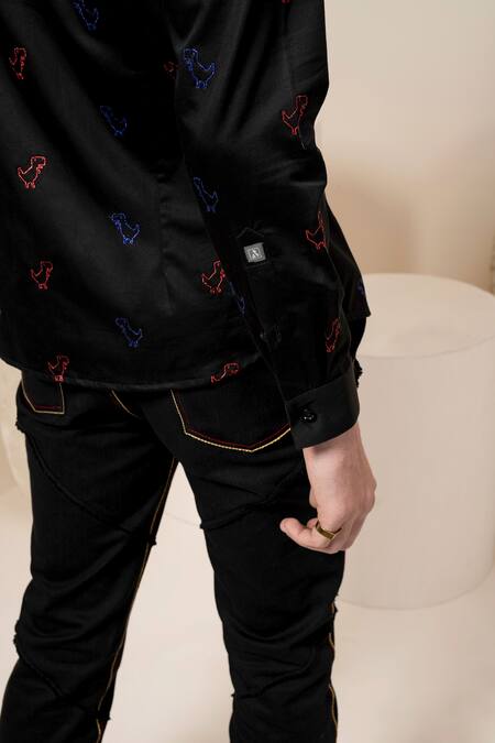 Buy_Abkasa_Black Cotton Dinosaur Embroidered Shirt_Online_at_Aza_Fashions