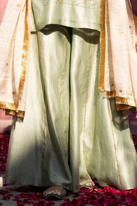 Weaver Story_Green Chanderi Silk Embroidery, Fringe, Gota Patti Round Neck Kurta Set _Online_at_Aza_Fashions